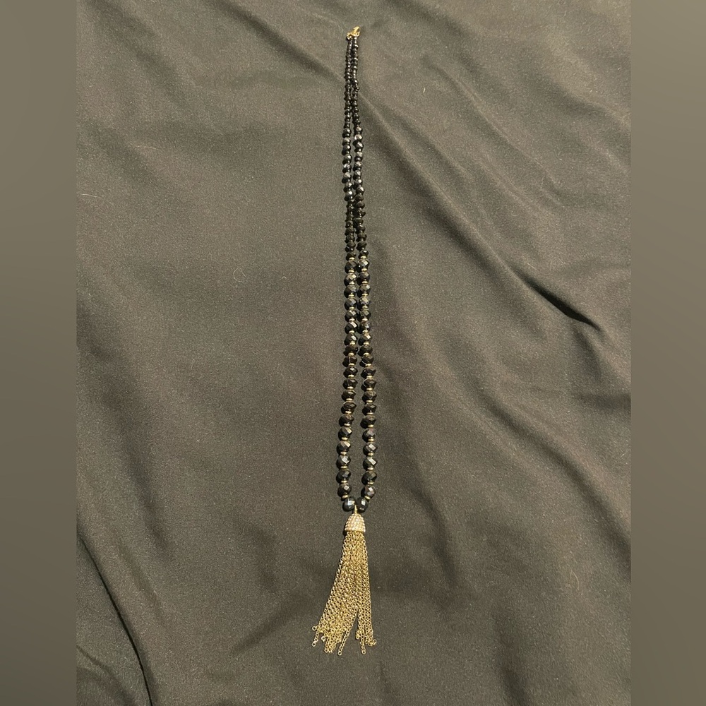 Ann Taylor Black Bead Necklace with Gold Fringe Pendant